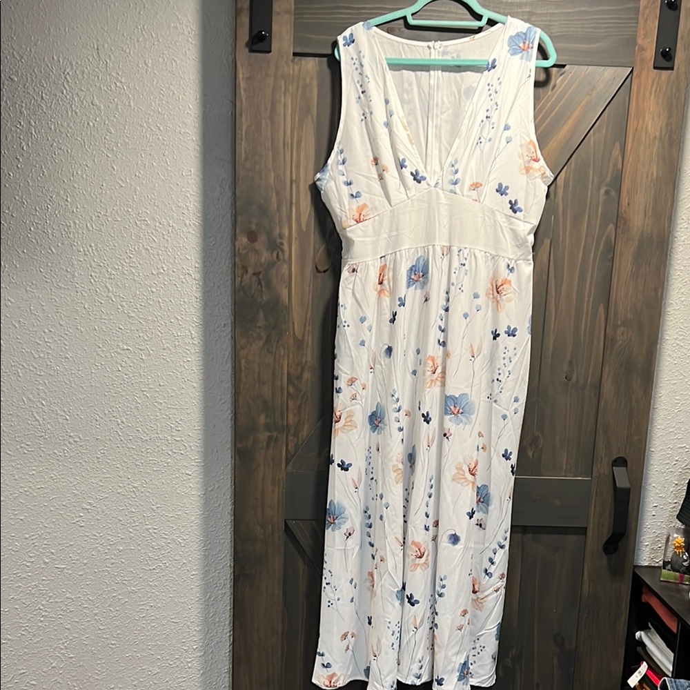 Floral Sleeveless Dress - White with Blue and Orange Accents